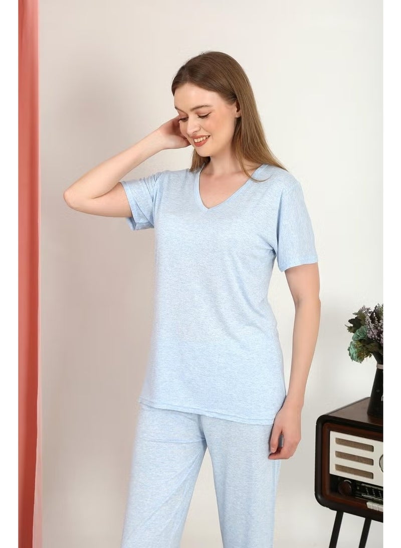 Akbeniz Women's Short Sleeve Cotton Combed Pajama Set Blue 4213 - Image 5